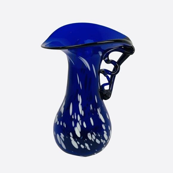 VTG Blue Speckled Blown Art Glass Pitcher White Splatter Swirl Applied Unique - Picture 2 of 12